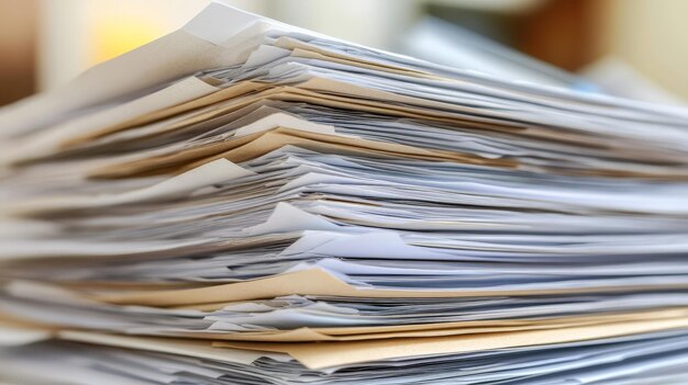 A cluttered stack of various papers including documents and folders is stacked haphazardly on a desk