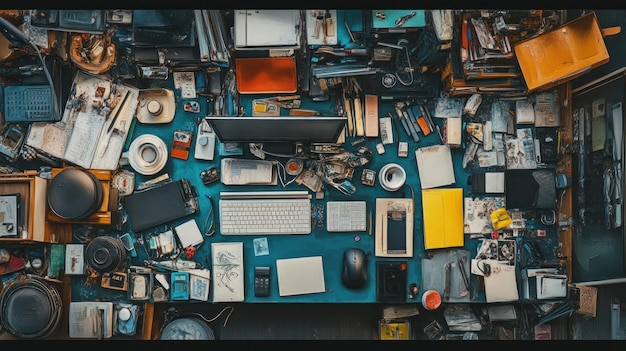 Photo cluttered workspace with computer and supplies