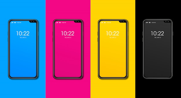 CMYK smartphone set isolated on color surface. 3D render