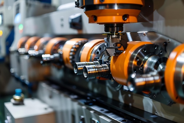 The CNC lathe machine cutting the metal part with the sparking light