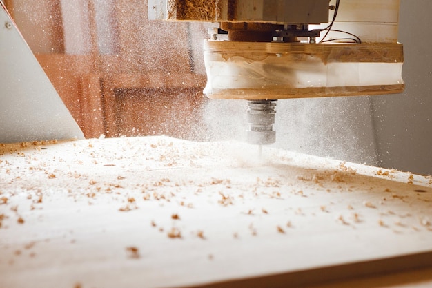 Cnc machine at carpentry workshop Cutting wood with various router bits