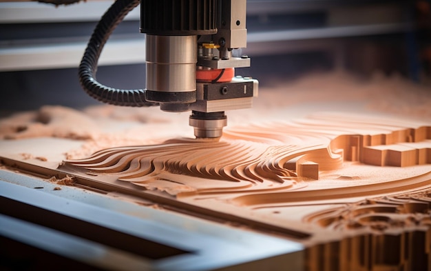 CNC Milling Machine Cutting Wooden Board CloseUp