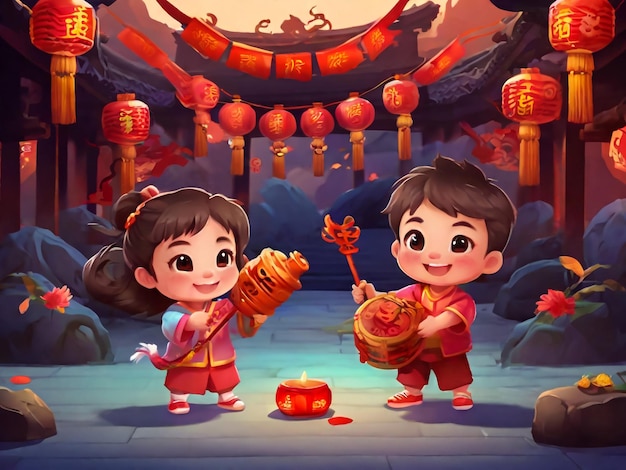 CNY cute kids playing lion and dragon dance hanging out together with traditional stuff Fortune