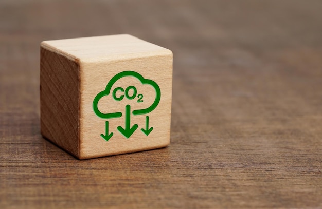 CO2 cloud icon, wooden cubes with Reduce Carbon Dioxide Emissions icon, smoke pollutant damage,