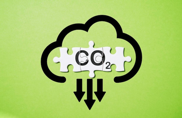 Photo co2 reducing icon on white jigsaw for decrease co2 carbon footprint and carbon credit to limit global warming from climate change bio circular green economy concept