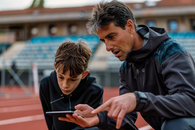 Photo coach analyzing pole vaulters performance using digital tablet at track field practice