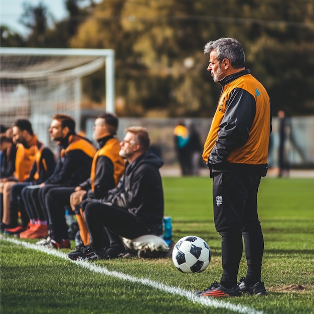 Photo a coach managing substitutions during a match making strategic decisions to impact the game