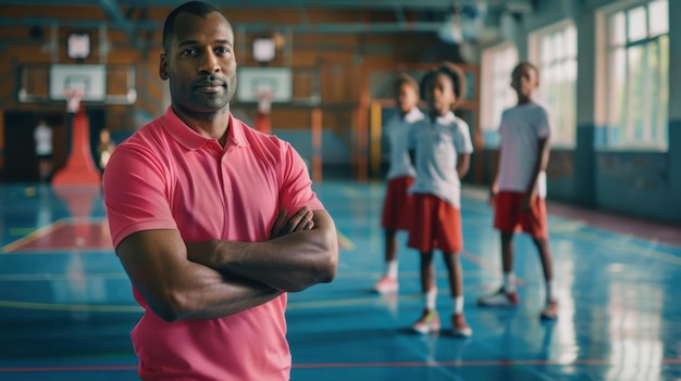 The coach and students in gym