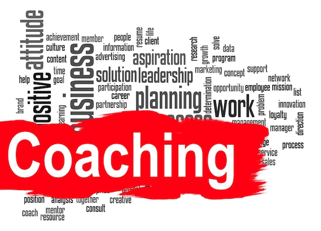 Coaching word cloud with red banner