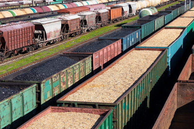 Coal cars, wood chips and sawdust on the train. Global warming. Energy production.