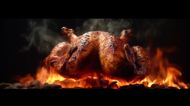 Coal fire grilled chicken with licks of flames and smoke on a black background Generative AI