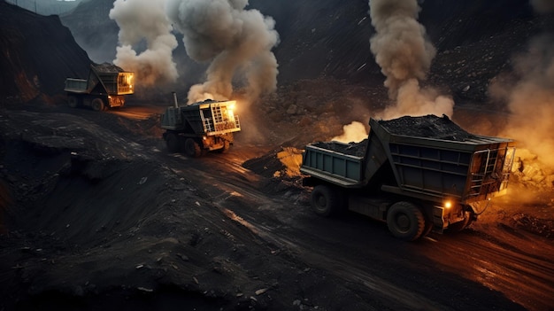 Coal mine dump truck carrying materials at night background wallpaper AI generated image