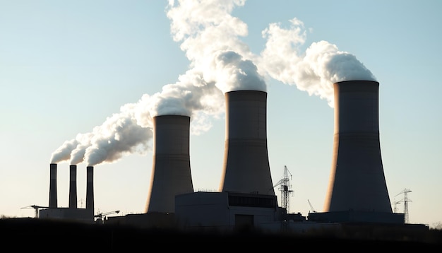 Photo coal power plant smoking chimney stacks isolated with white highlights