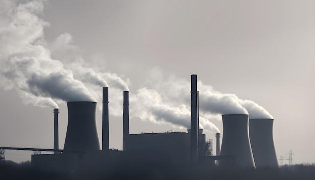 Photo coal power plant smoking chimney stacks isolated with white highlights