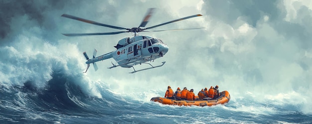 Photo coast guard helicopter rescuing people on rough sea during storm