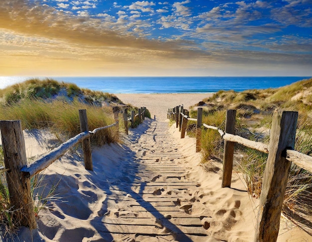 Coast wooden fence access sandy pathway to ocean beach coast sea horizon