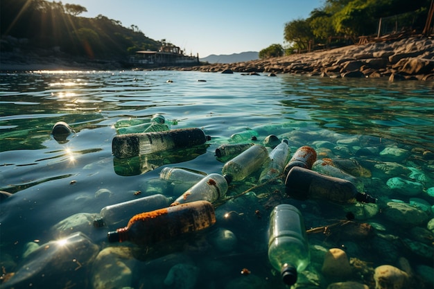 Coastal area strewn with plastic bottles and waste portraying consequences of beach pollution