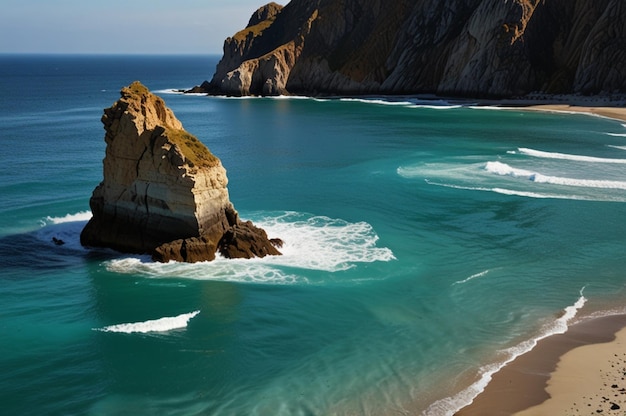 Coastal Beach Background with Dramatic Cliffs and Turquoise Water