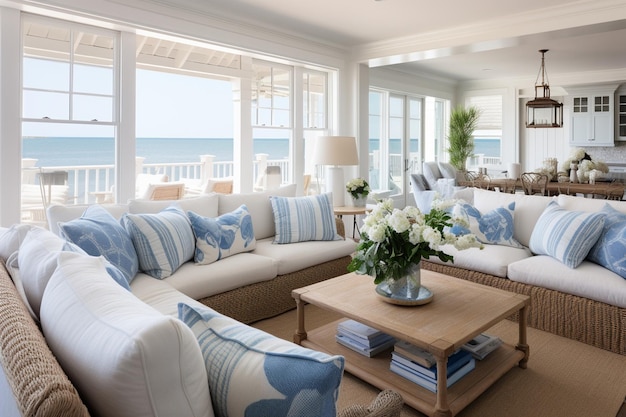 Coastal beach house living room with a breezy nautical theme and coastal decor