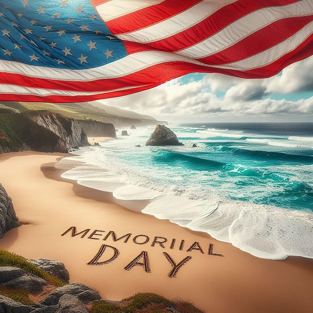 Coastal beauty waves crash American flag flies high Memorial Day written in sand