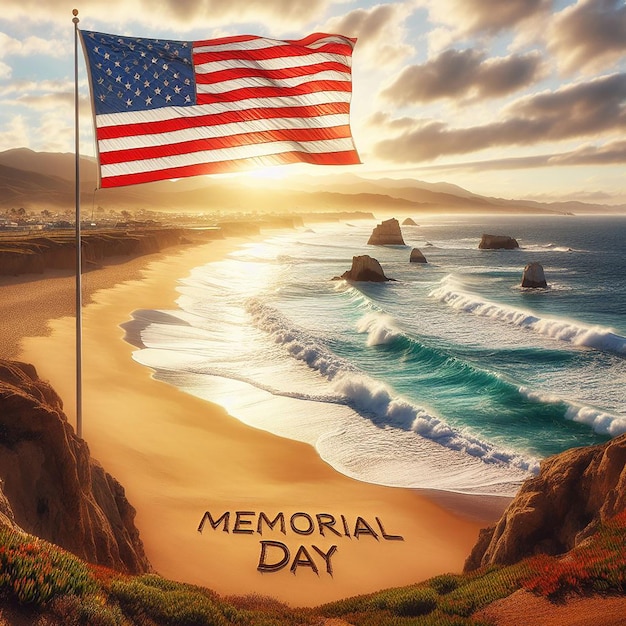 Coastal beauty waves crash American flag flies high Memorial Day written in sand