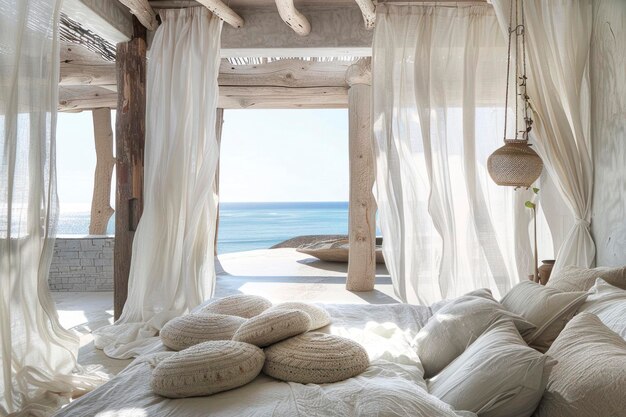 Photo coastal bohemian bedroom with whitewashed walls driftwood accents and billowing curtains