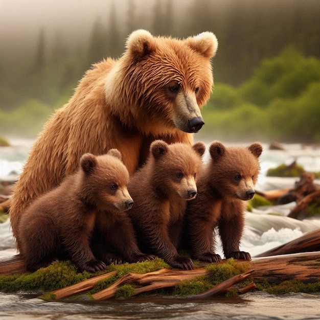 Coastal Brown Bear Mom with three cubs