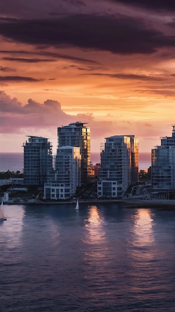 Coastal buildings silhouetted against the sky at sunset