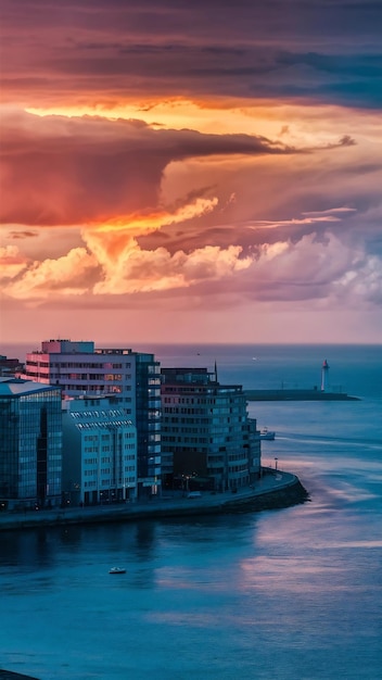 Coastal buildings silhouetted against the sky at sunset