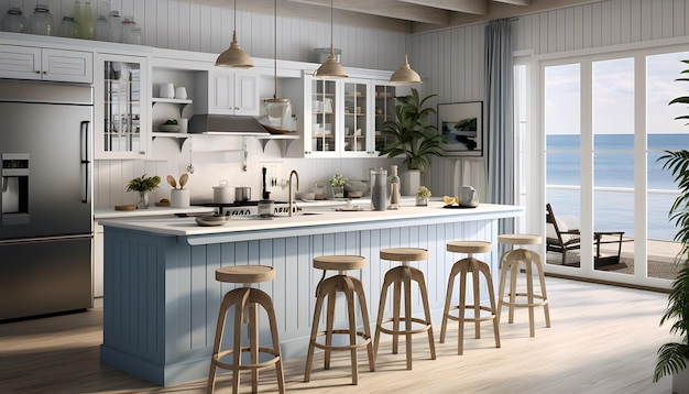 a coastal chic kitchen with white beadboard cabinets a driftwood inspired kitchen island