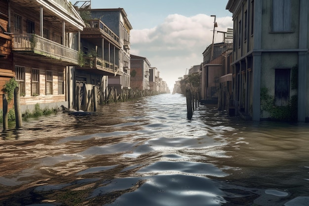 Coastal City with Partially Submerged Buildings and Flooded Streets Threat of Sea Level Rise