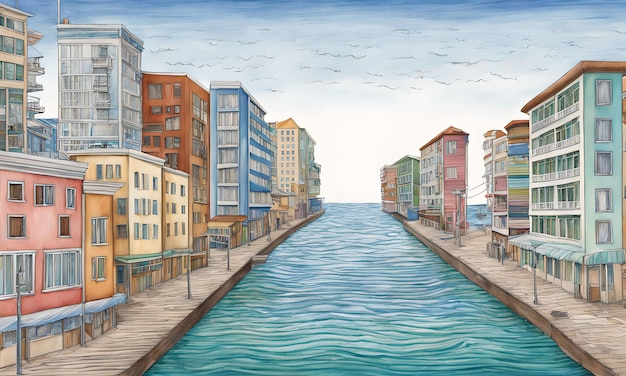 a coastal city with water levels creeping up colored pencil sketch