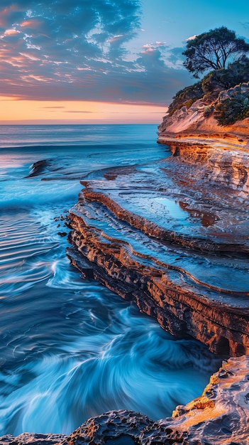 Coastal cliff at dusk waves crash on rocks paintingworthy scene