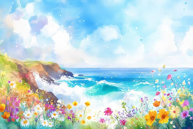 Photo coastal cliffs waves crashing wildflowers on edge dramatic seascape watercolor style