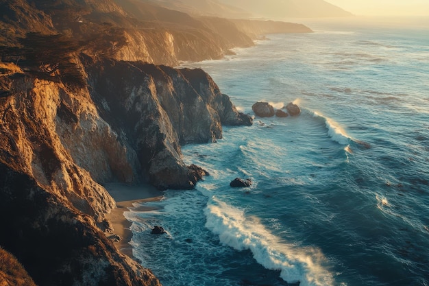 Photo coastal cliffs with crashing waves at sunset along the pacific ocean coastline