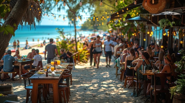 Coastal Dining Bliss People Enjoying Fresh Seafood at Vibrant Beachside Restaurant on a Sunny Day Captured with Canon EOS 5D Mark IV