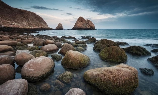 A coastal landscape featuring rocky formations along the seaside