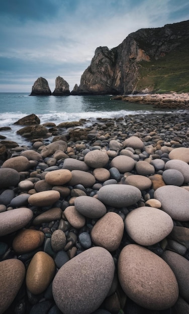 A coastal landscape featuring rocky formations along