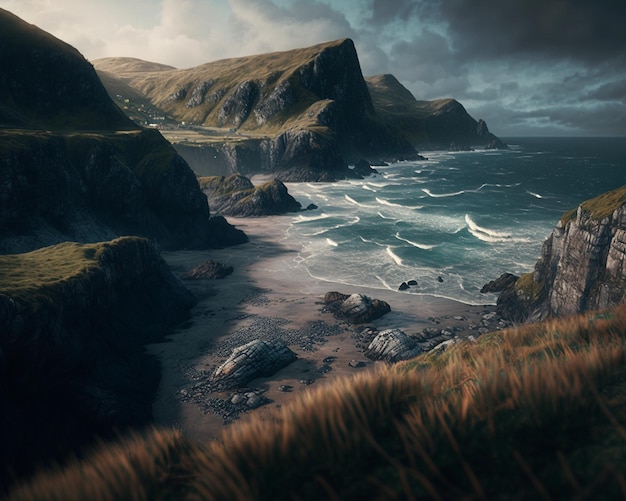 Coastal landscape with stone beach water and hills