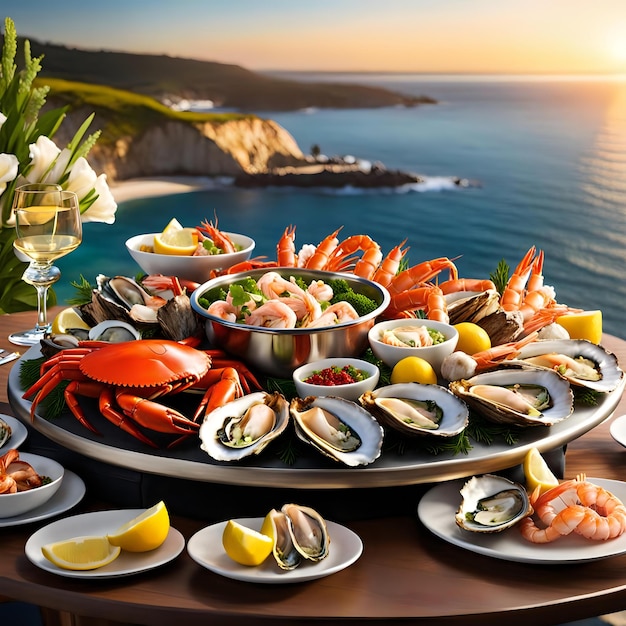 Coastal Luxury Gourmet Seafood Platter with Crab Oysters and Shrimp by the Sea