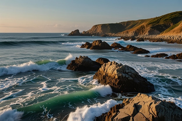 Coastal Ocean Background with Rocky Shoreline and Rolling Waves