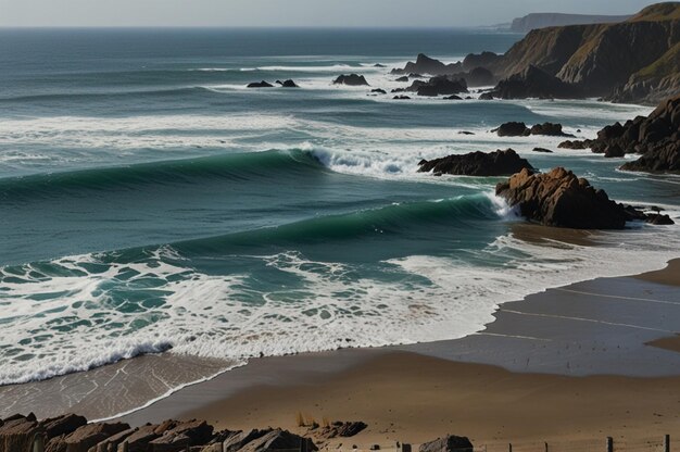 Coastal Ocean Background with Rugged Rocks and Rolling Waves