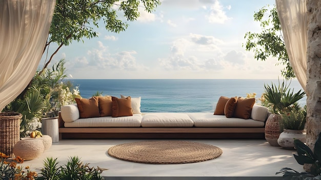 Photo coastal patio with sectional sofa and sea view 3d illustration