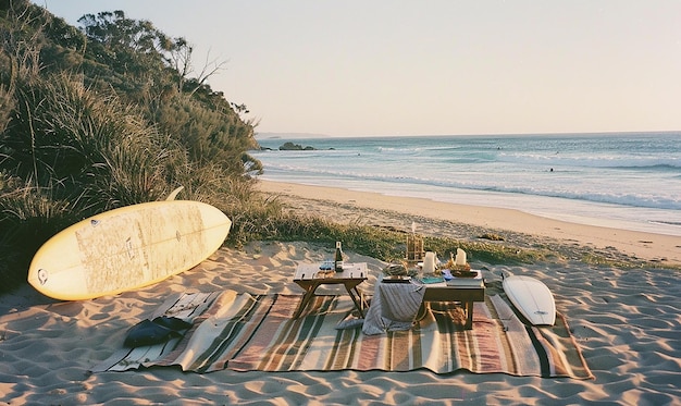 Photo coastal picnic with sandy beach and surfboards