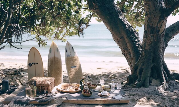 Photo coastal picnic with sandy beach and surfboards