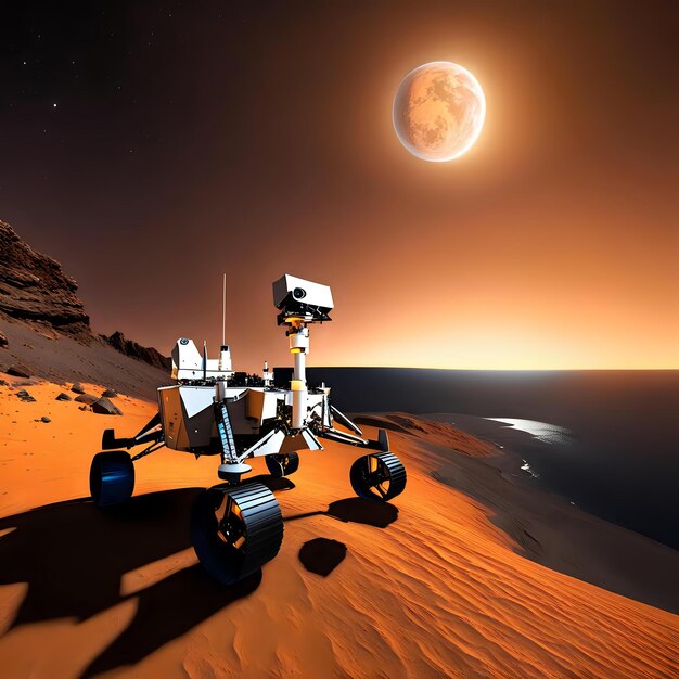 Photo coastal region with moon rover lander illustration