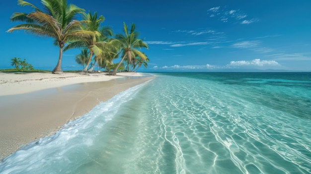 Coastal scene with pristine beaches palm trees swaying in the breeze and crystalclear water