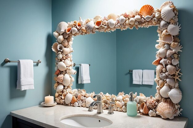 Photo coastal seashell bathroom mirror