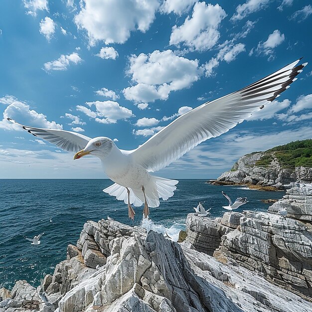 Coastal Soar Seagulls on Rocky Coastline