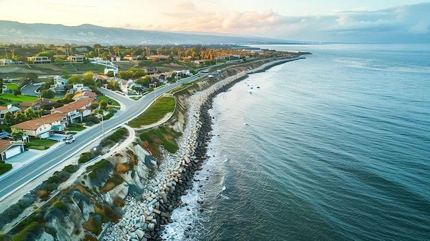 Coastal Stability Aerial Shot of Pristine Seawall Shielding Residential Community from Erosion